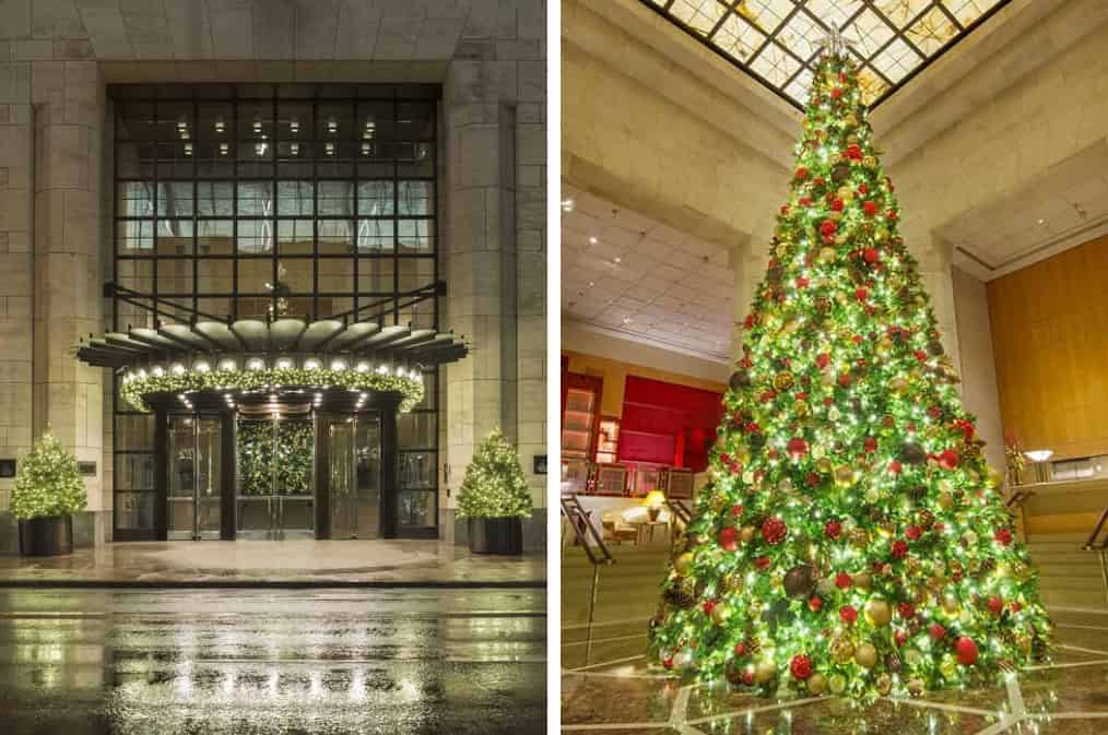 Collage of 2 photos - entrance of the hotel, and indoor of the hotel, decorated with Christmas decorations.