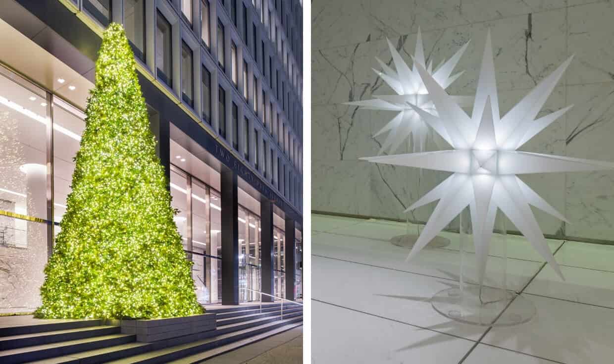 Green illuminated outdoor Christmas tree beside a building and white star-shaped light decorations on the ground