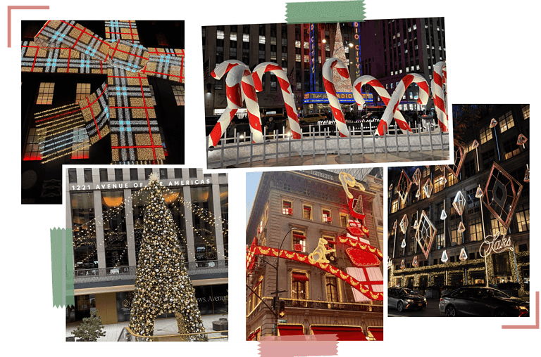 NY Christmas displays -Christmas tree, candy canes, facades.