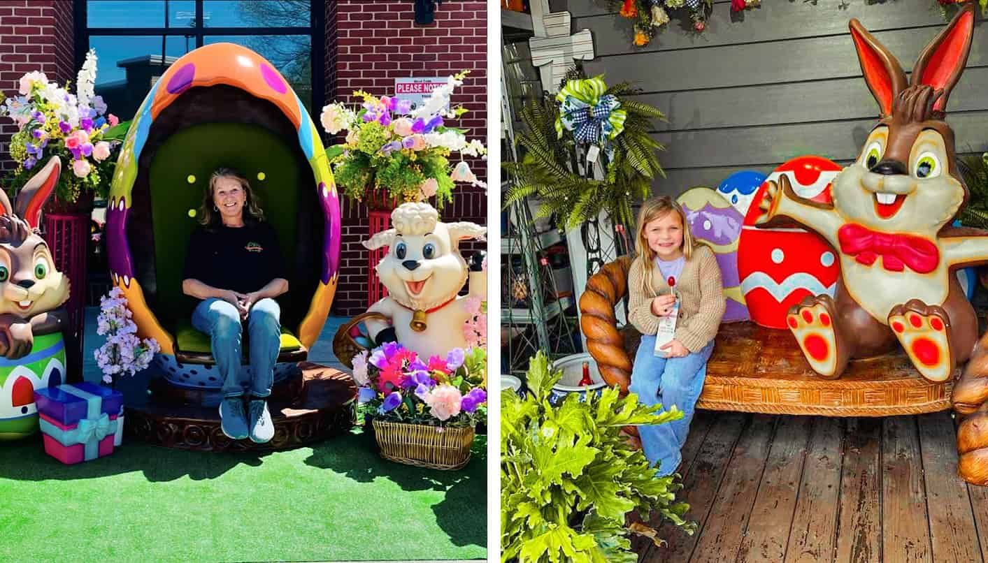 Collage of Easter Displays - Woman and girl sitting on the Easter themed bench and sit.