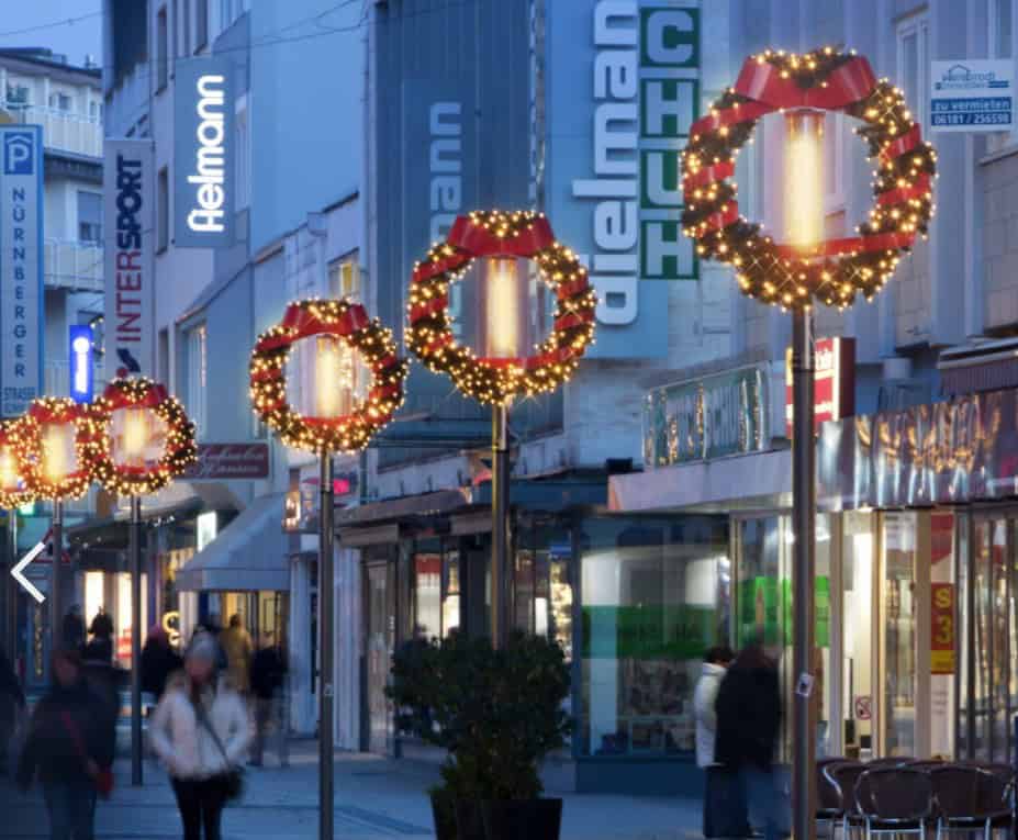 Pole Mounted Christmas decor on the street - wreaths.